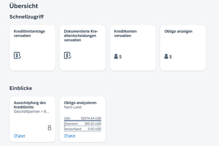 Screenshot der Übersicht aller Schnellzugriffe